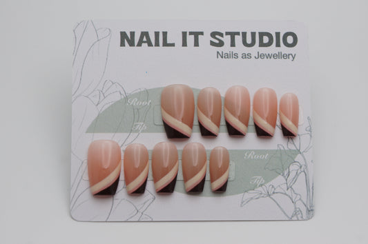 Medium Coffin Press On Nails with Stripes on the Tip Nude Color