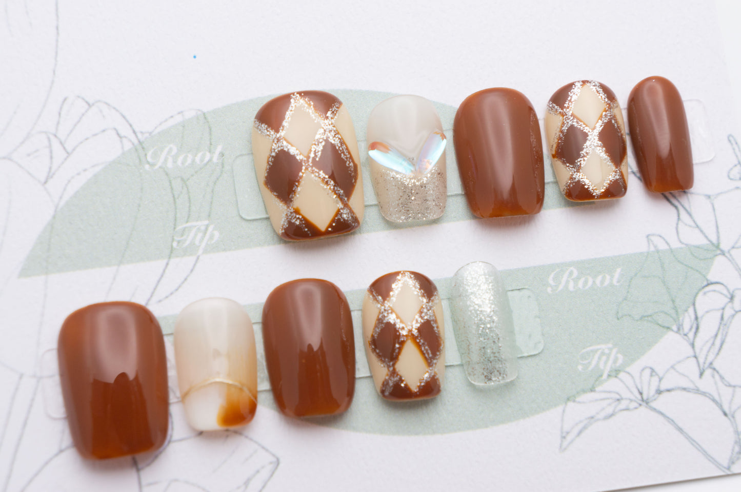 Unghie a Pressione Square Corto Marrone e Bianco Plaid con Cristalli DA003