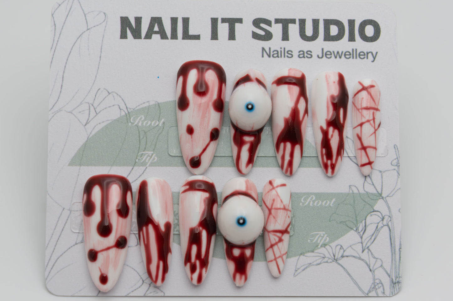 Unghie a Pression Halloween Sangue e Occhio in 3D Almond Lungo AB011