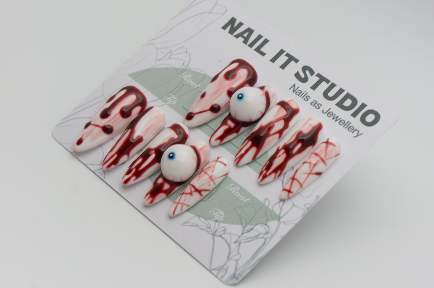 Unghie a Pression Halloween Sangue e Occhio in 3D Almond Lungo AB011