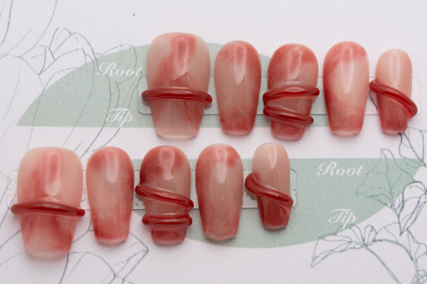 Unghie a Pressione Coffin Corto Rosso Rosa Sfumato con Disegni 3D DA009