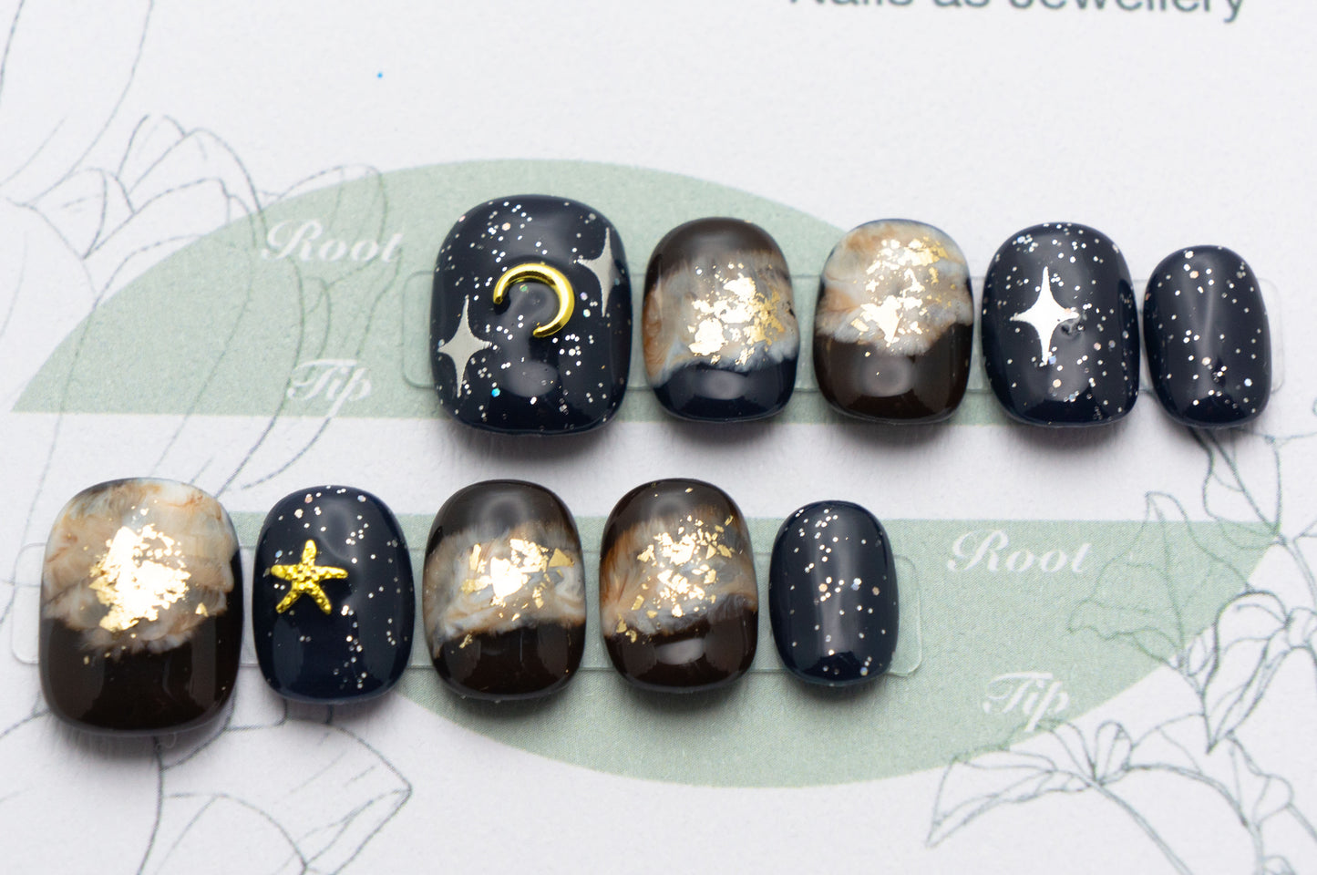 Unghie a Pressione Square Extra Corto Blu Marino e Nero Cielo con Galassia e Via Lattea Luna BA007