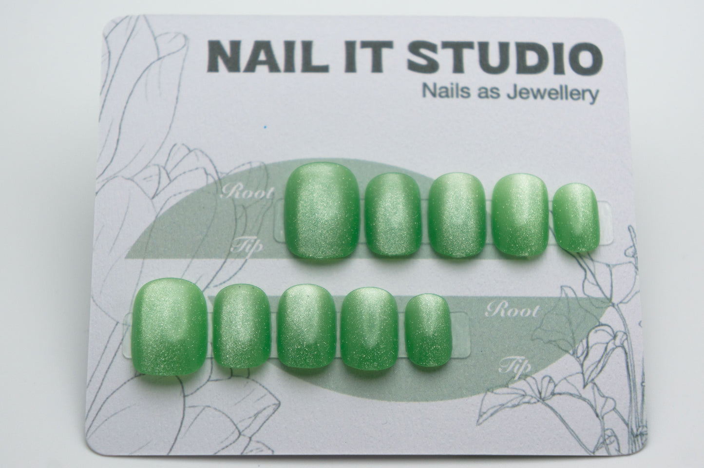 Unghie a Pressione Square Extra Corto Verde con Effetto Cat-eye Semplice BB003