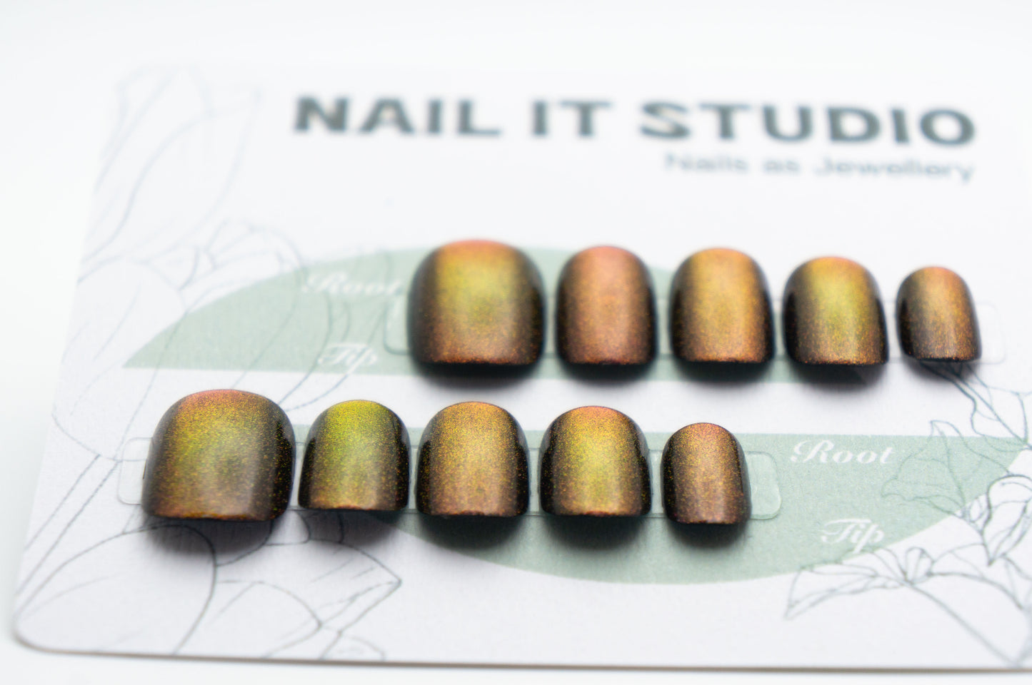 Unghie a Pressione Square Extra Corto Nero Rosa Verde con Effetto Cat-eye Semplice BB002