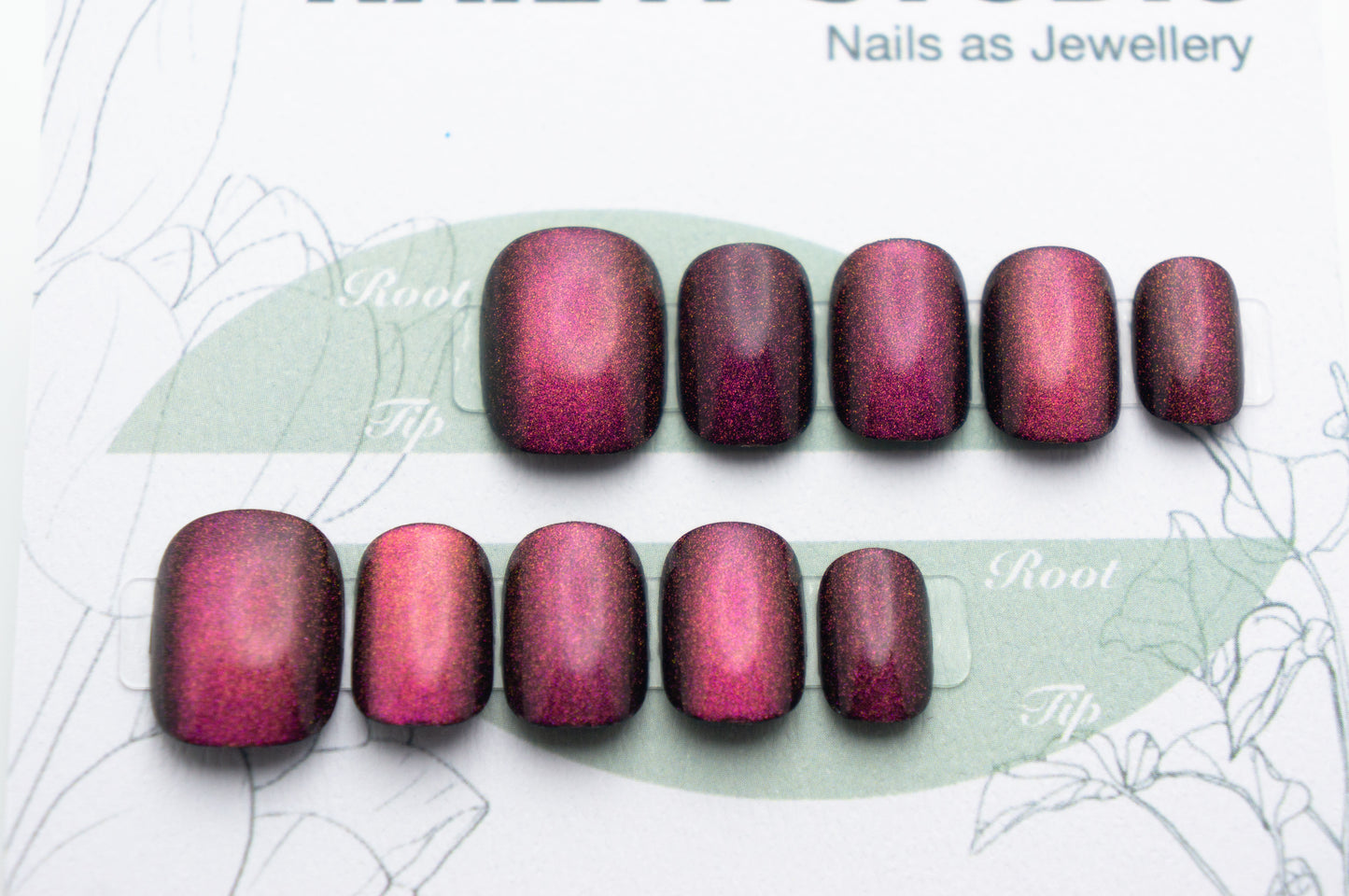 Unghie a Pressione Square Extra Corto Nero Rosa Verde con Effetto Cat-eye Semplice BB002