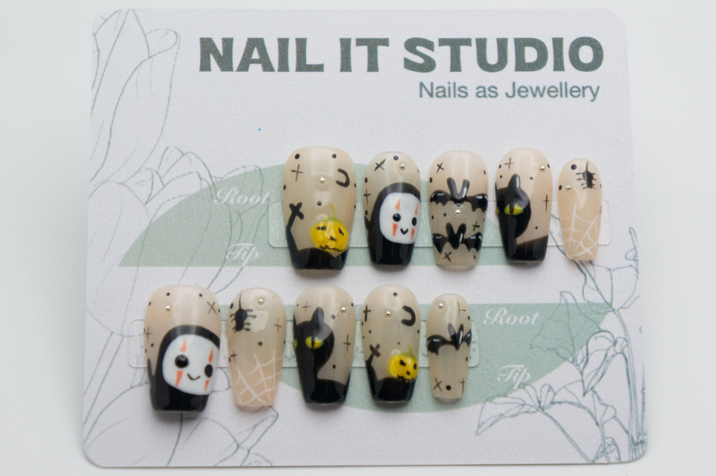 Short Coffin Press On Nails Halloween with Bats Spiders Pumpkin and Cat Design