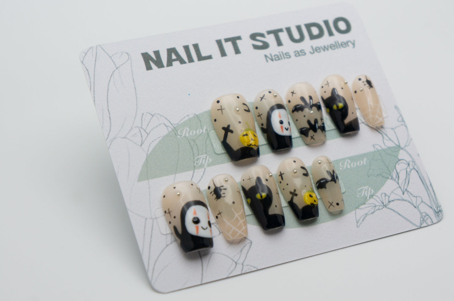 Short Coffin Press On Nails Halloween with Bats Spiders Pumpkin and Cat Design