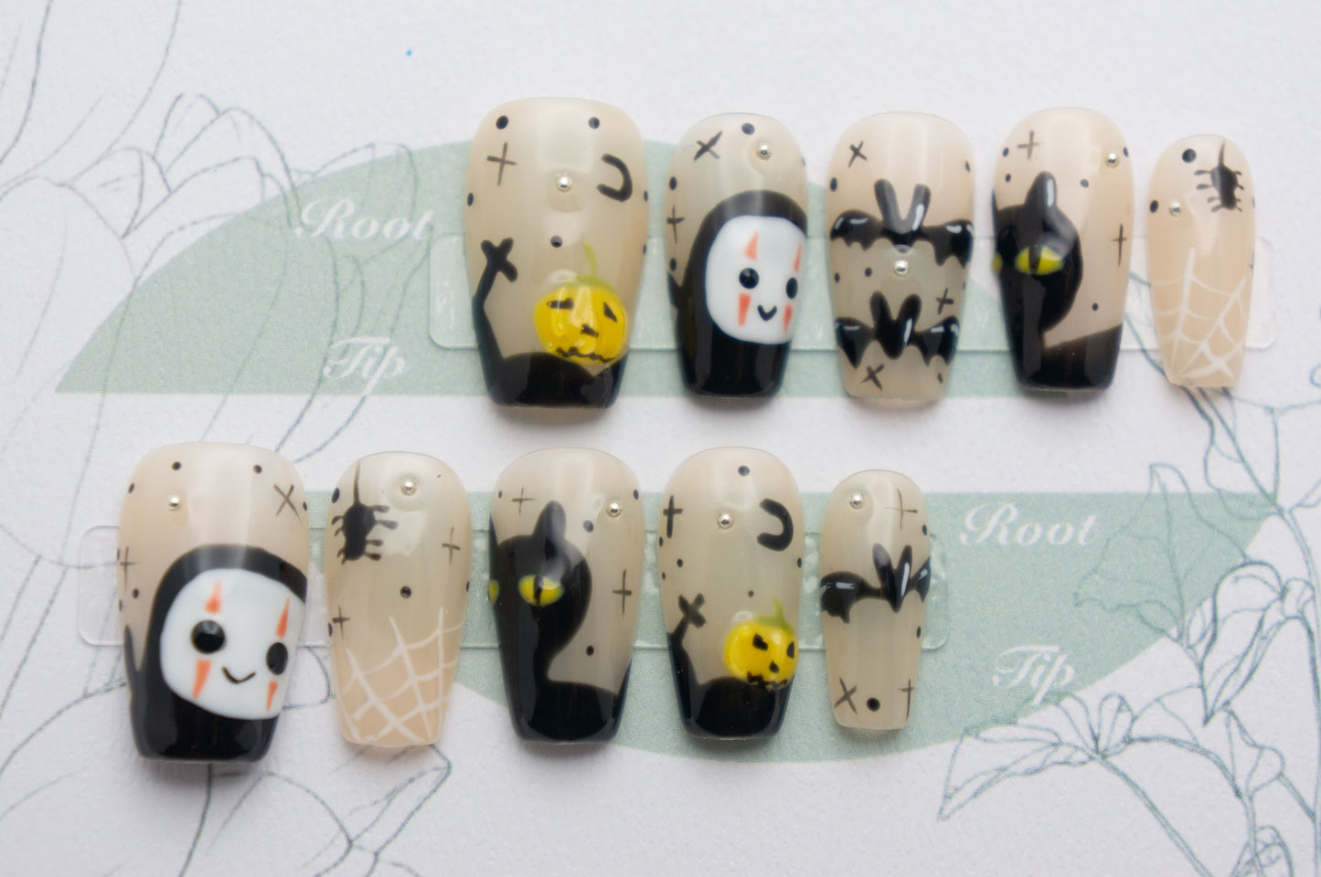 Short Coffin Press On Nails Halloween with Bats Spiders Pumpkin and Cat Design