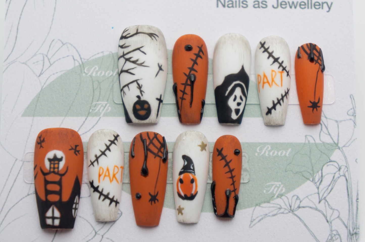 Unghie a Pressione Coffin Medio Opaco Halloween Arancione e Bianco con Disegno di Ragni Fantasma e Zucca AB005