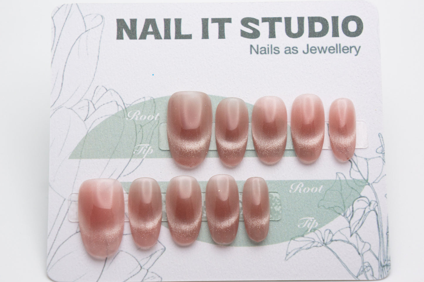 Unghie a Pressione Ovale Medio Corto Rosa con Effetto Cat-eye Semplice DA005
