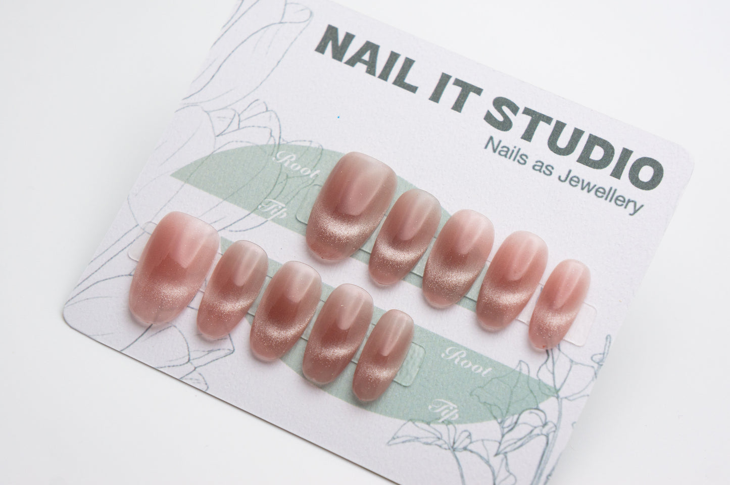 Unghie a Pressione Ovale Medio Corto Rosa con Effetto Cat-eye Semplice DA005