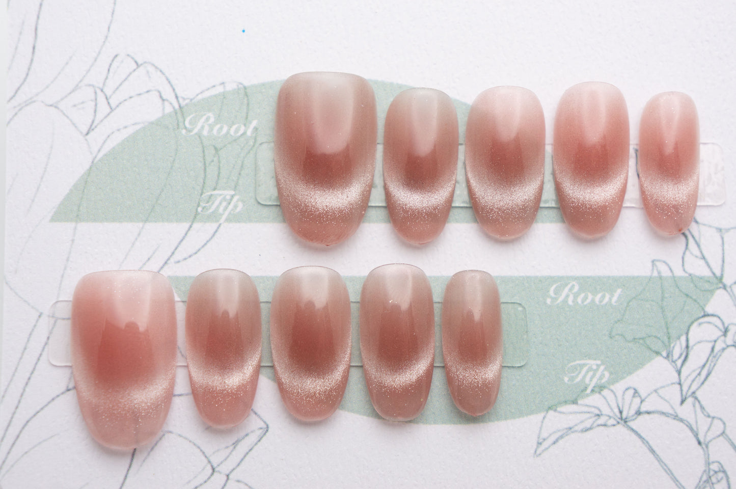 Unghie a Pressione Ovale Medio Corto Rosa con Effetto Cat-eye Semplice DA005