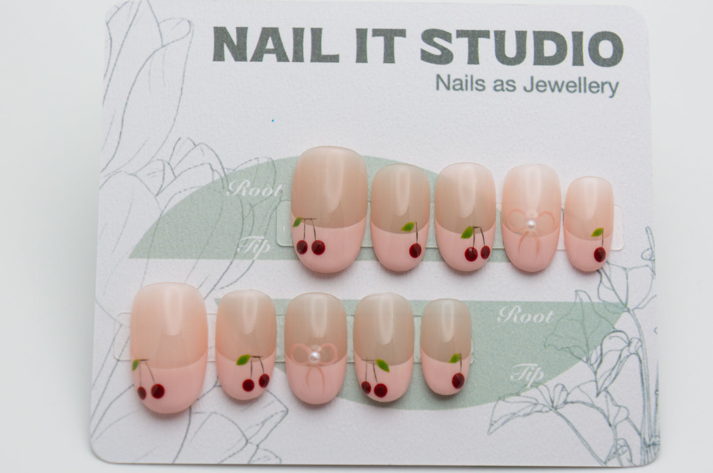 Pink Press On Nails Short Oval French Style with Cherry Bow and Beads