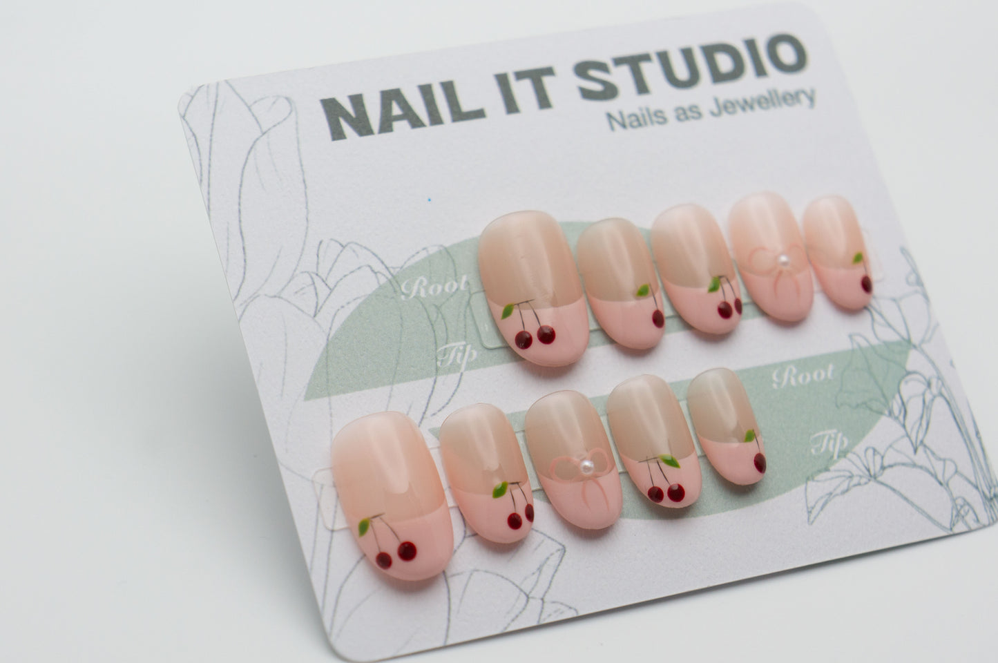 Pink Press On Nails Short Oval French Style with Cherry Bow and Beads