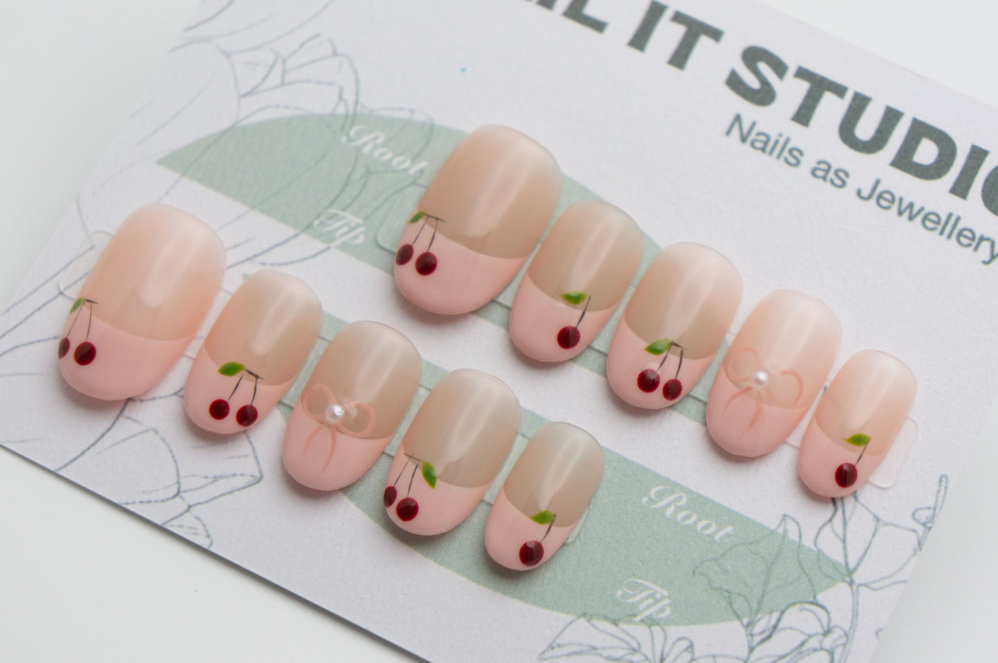 Pink Press On Nails Short Oval French Style with Cherry Bow and Beads