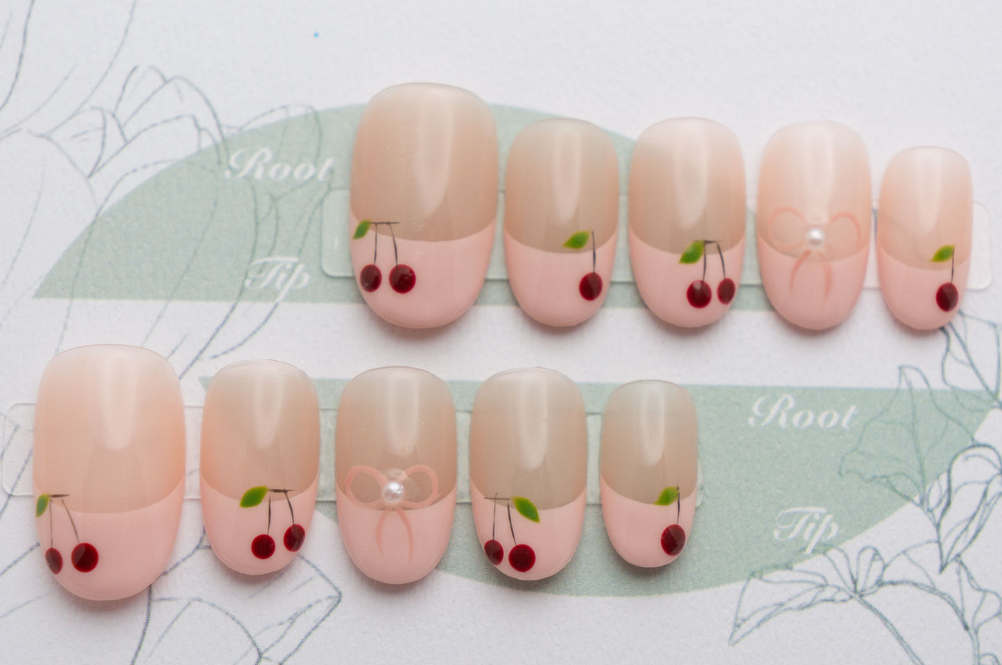 Pink Press On Nails Short Oval French Style with Cherry Bow and Beads