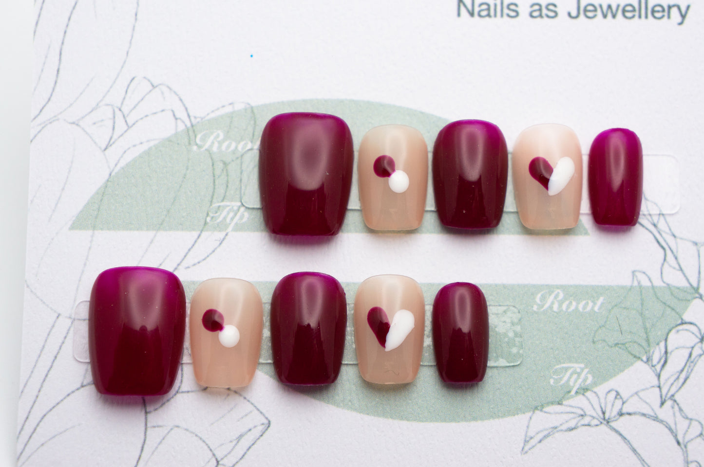 Unghie a Pressione Square Extra Corto Rosso Bordò e Rosa con Cuore Disegno DB004