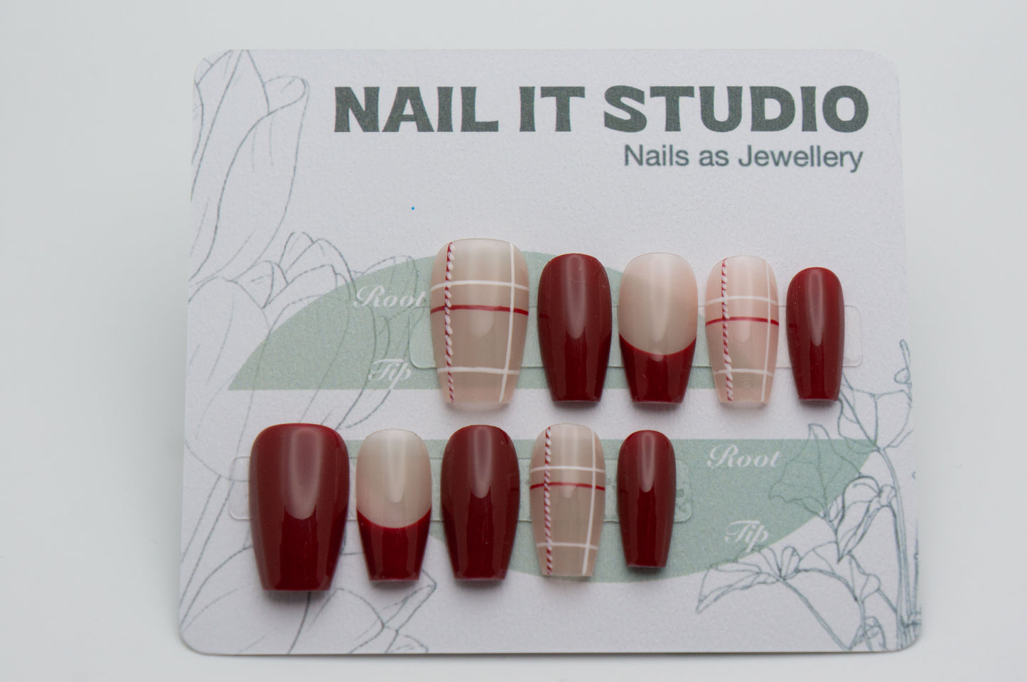 Short Coffin Press On Nails Red French Style with Plaid