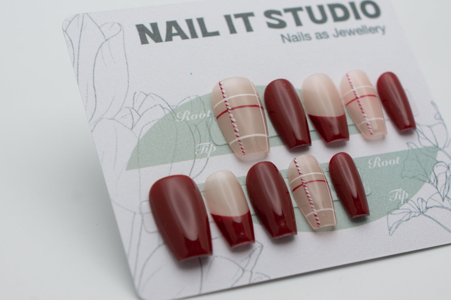 Short Coffin Press On Nails Red French Style with Plaid