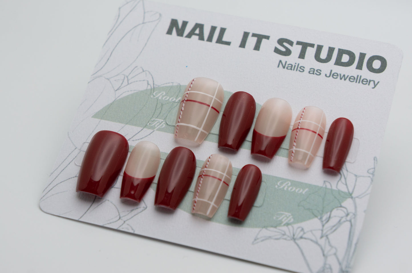 Short Coffin Press On Nails Red French Style with Plaid