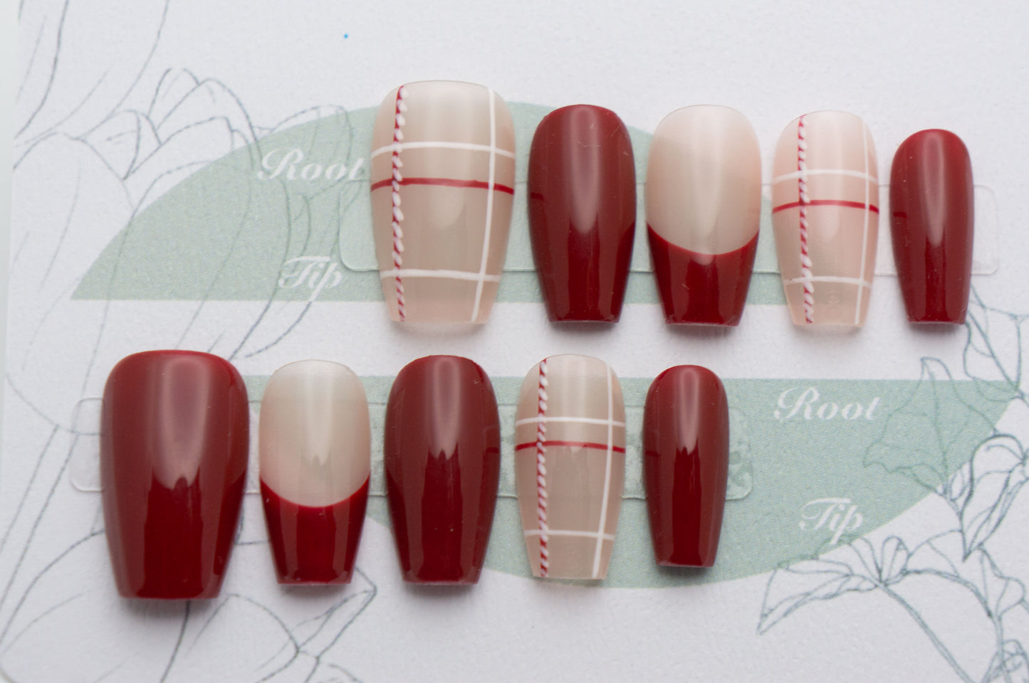 Short Coffin Press On Nails Red French Style with Plaid