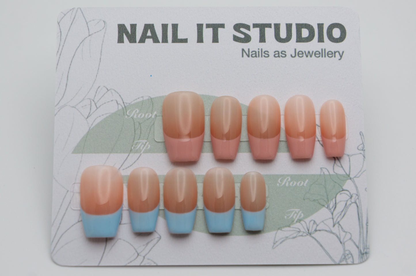 Unghie a Pressione Asimmetriche alla Francese Rosa e Azzurro Stile Naturale Coffin Corto BA001