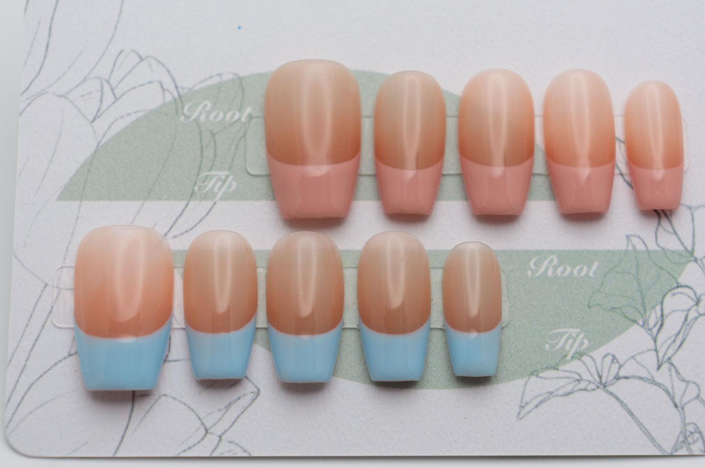 Unghie a Pressione Asimmetriche alla Francese Rosa e Azzurro Stile Naturale Coffin Corto BA001