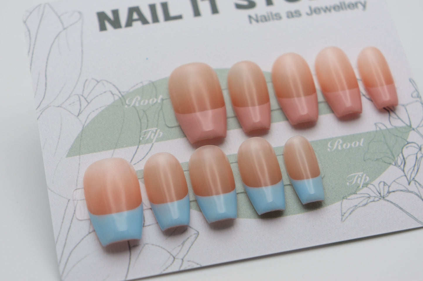 Unghie a Pressione Asimmetriche alla Francese Rosa e Azzurro Stile Naturale Coffin Corto BA001