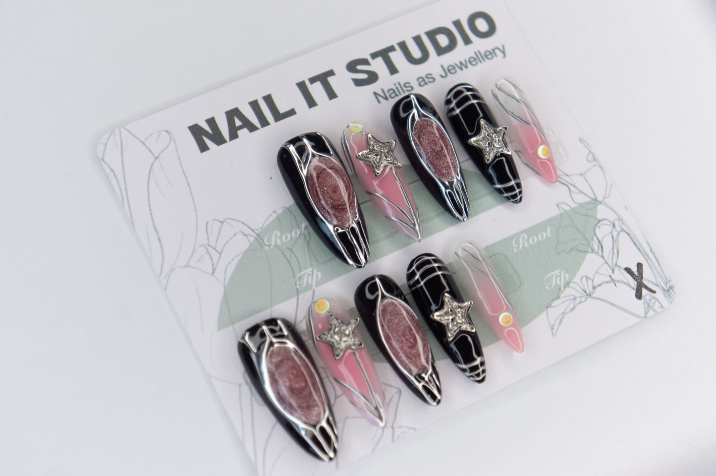 Unghie Press-on Almond Lungo Nero e Rosa Argento Stella in 3D Effetto Perlato