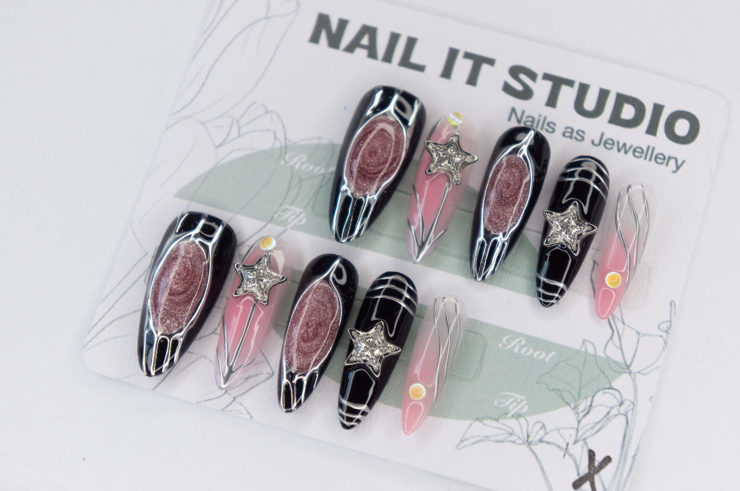 Unghie Press-on Almond Lungo Nero e Rosa Argento Stella in 3D Effetto Perlato