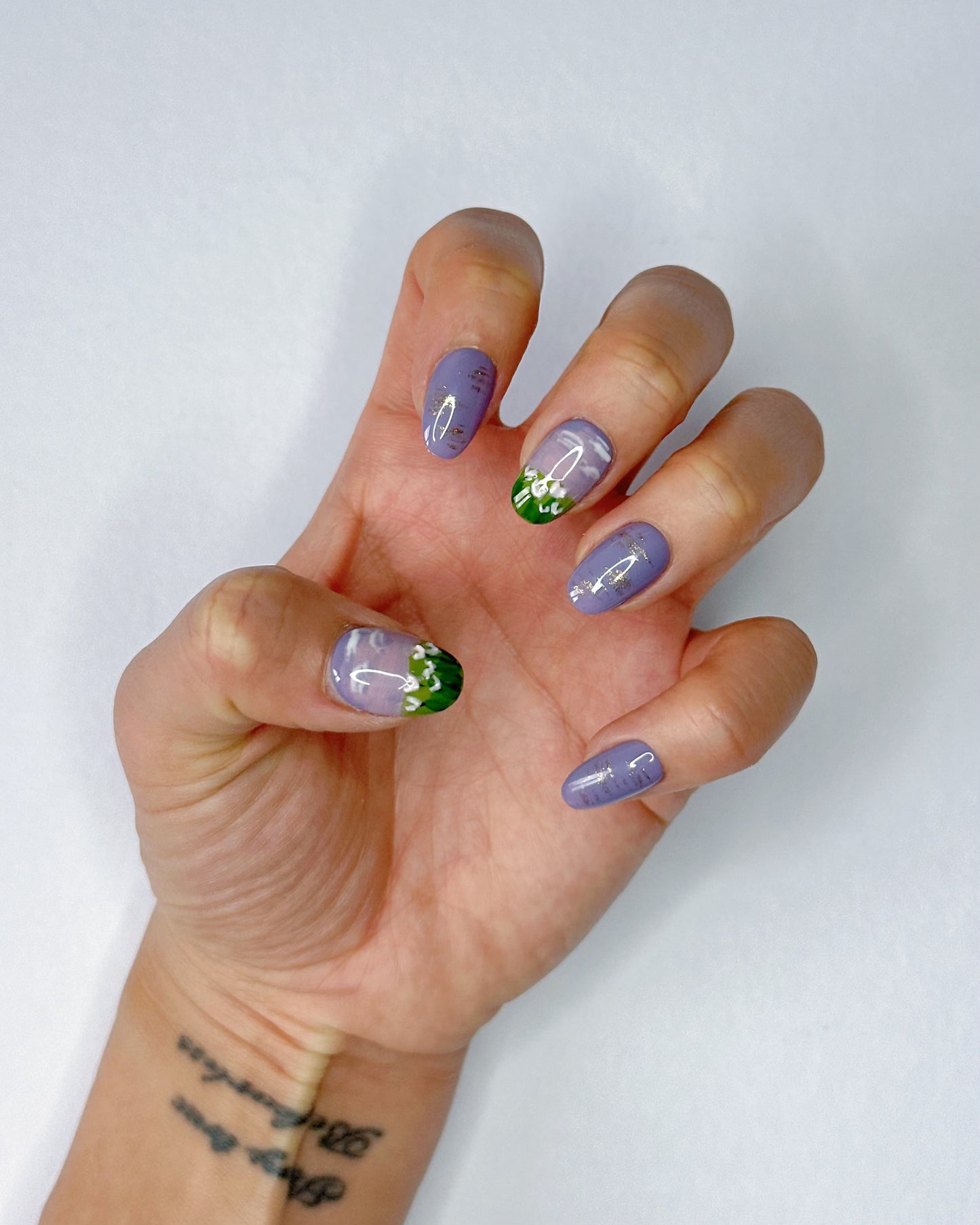 Unghie Press-on Ovale Corto, Viola Lilla Tramonto con Fiori Impressionismo Pittura a Olio