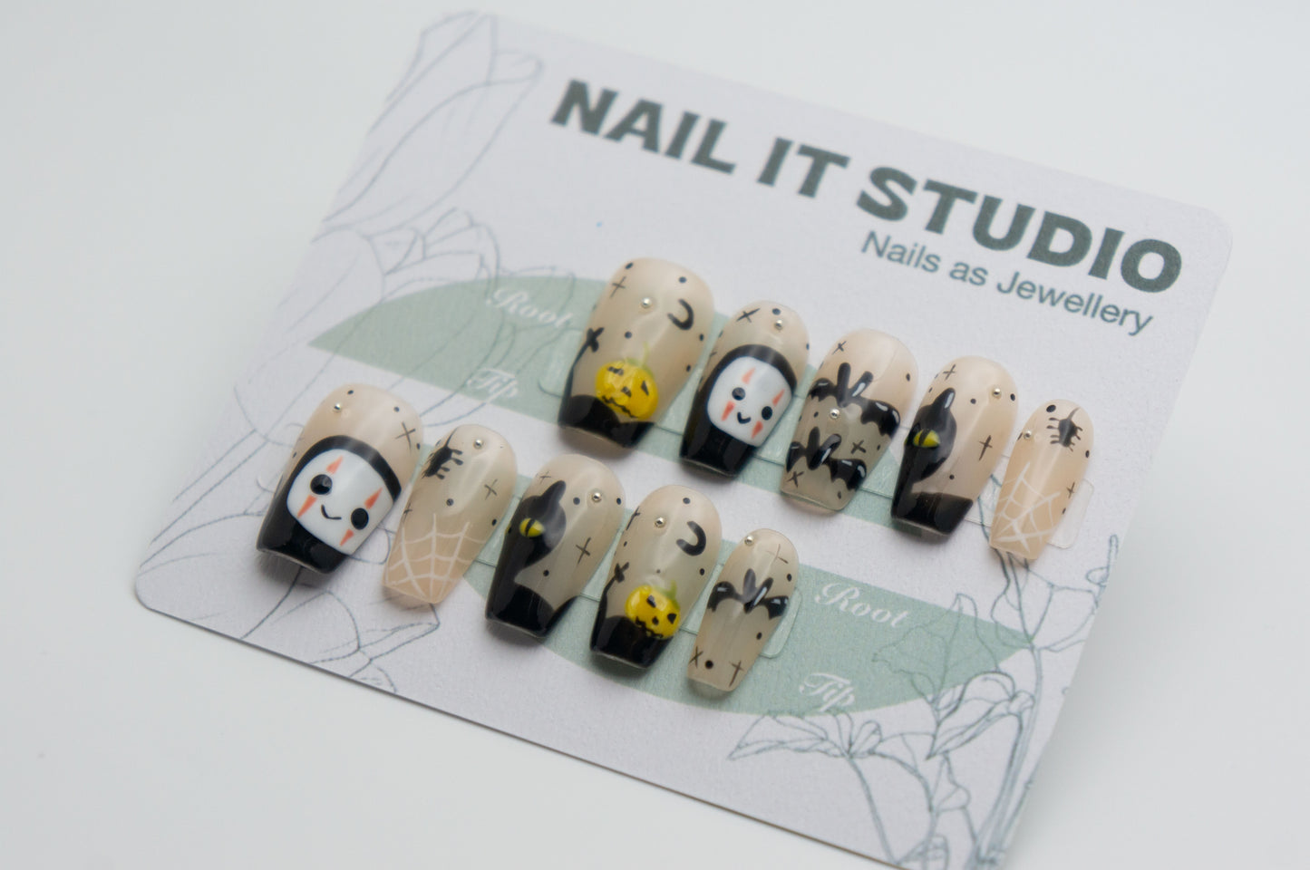 Short Coffin Press On Nails Halloween with Bats Spiders Pumpkin and Cat Design