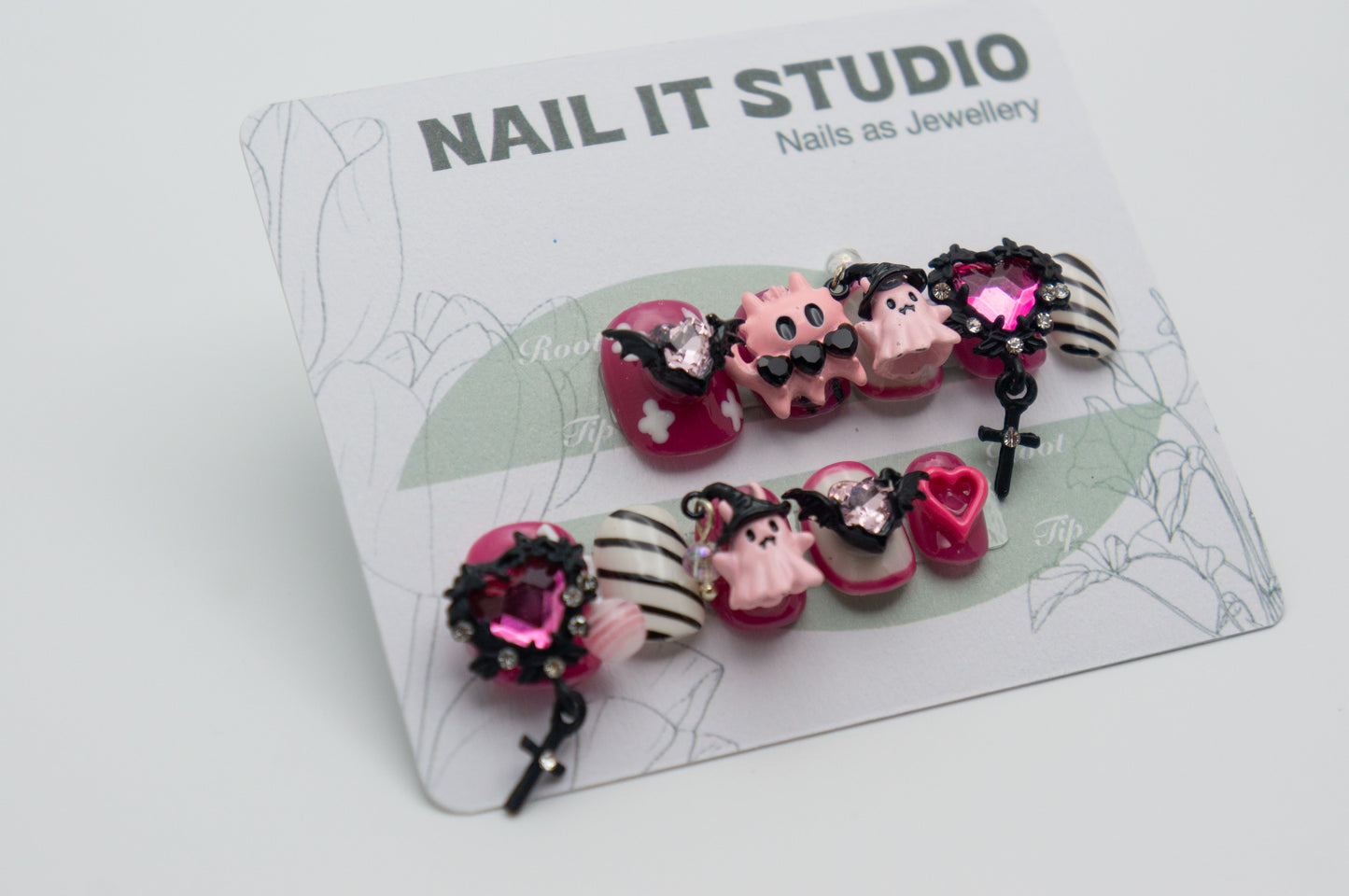 Unghie a Pressione Halloween Gatto Demone e Cuore in 3D Square Extra Corto Rosa AB008