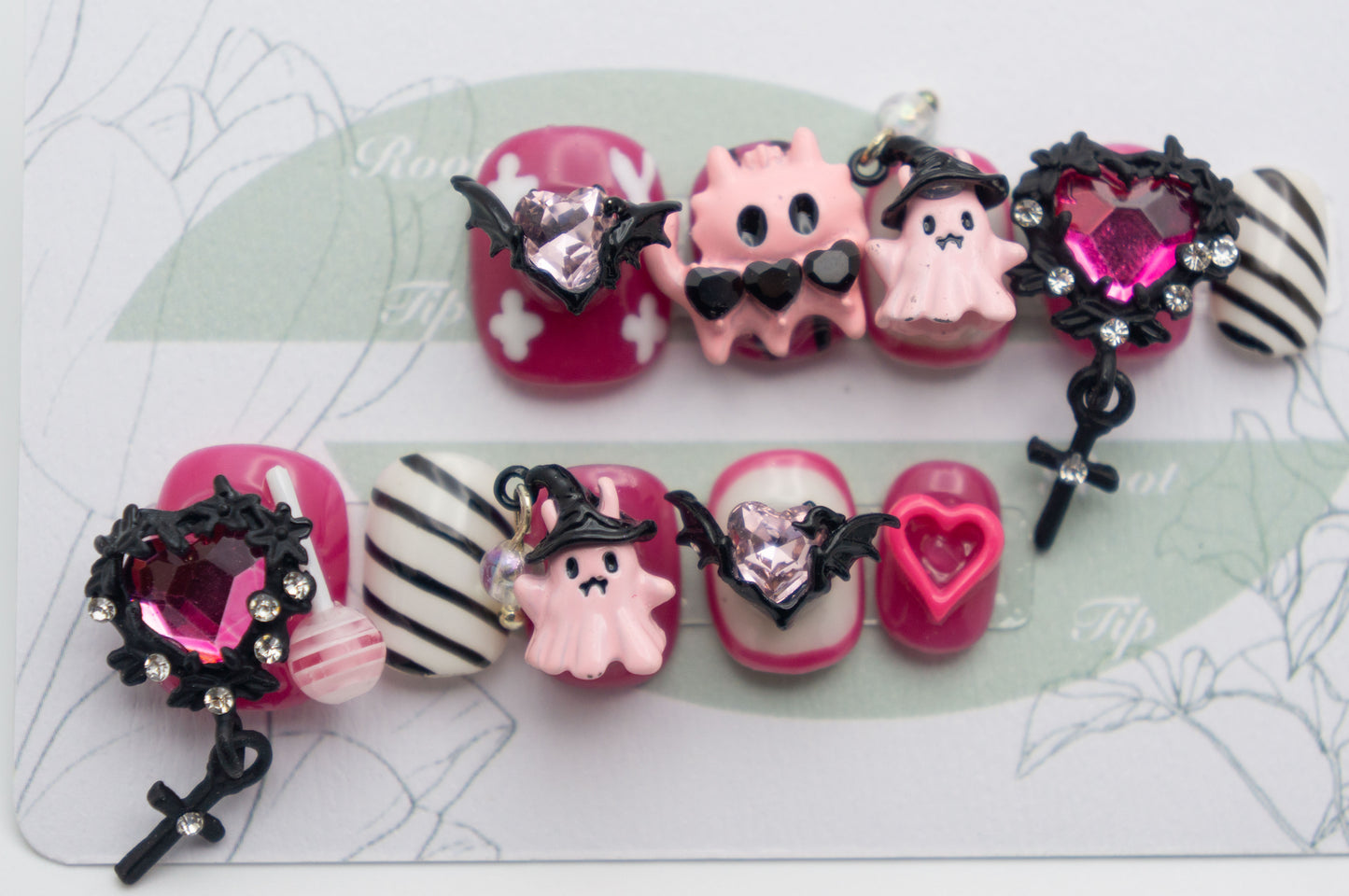 Unghie a Pressione Halloween Gatto Demone e Cuore in 3D Square Extra Corto Rosa AB008