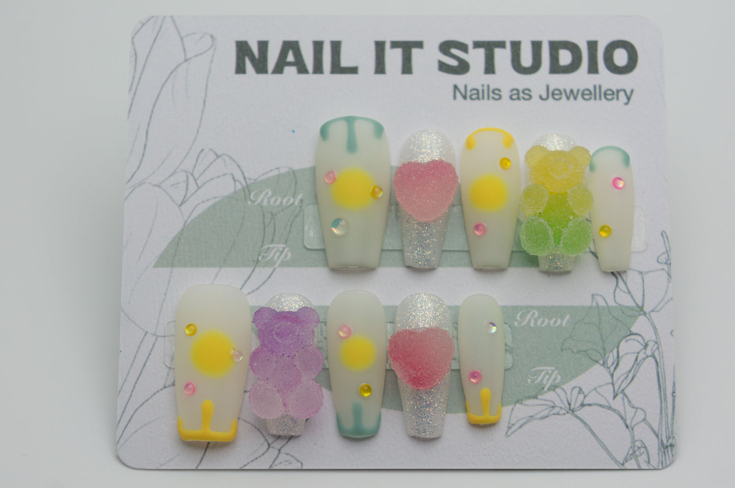 Medium Coffin Press On Nails Matte White and Glitter Gummy Bear and Heart