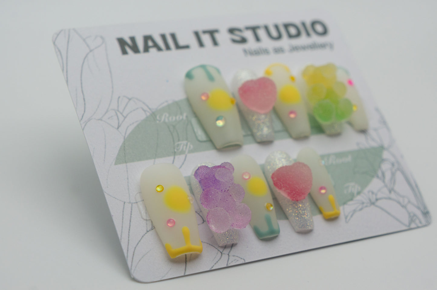 Medium Coffin Press On Nails Matte White and Glitter Gummy Bear and Heart