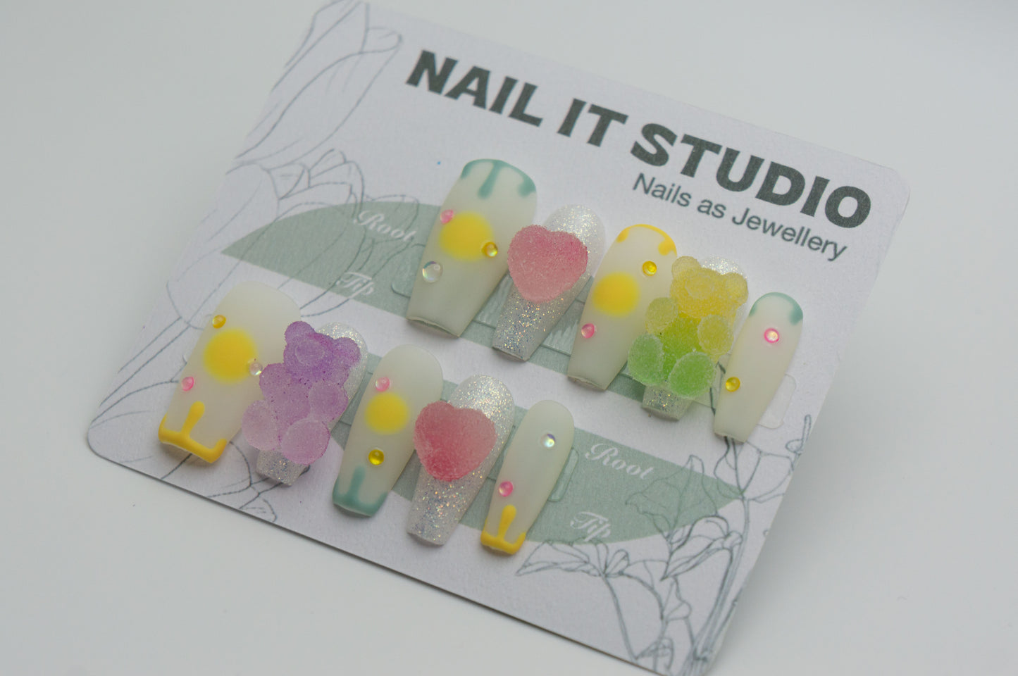 Medium Coffin Press On Nails Matte White and Glitter Gummy Bear and Heart