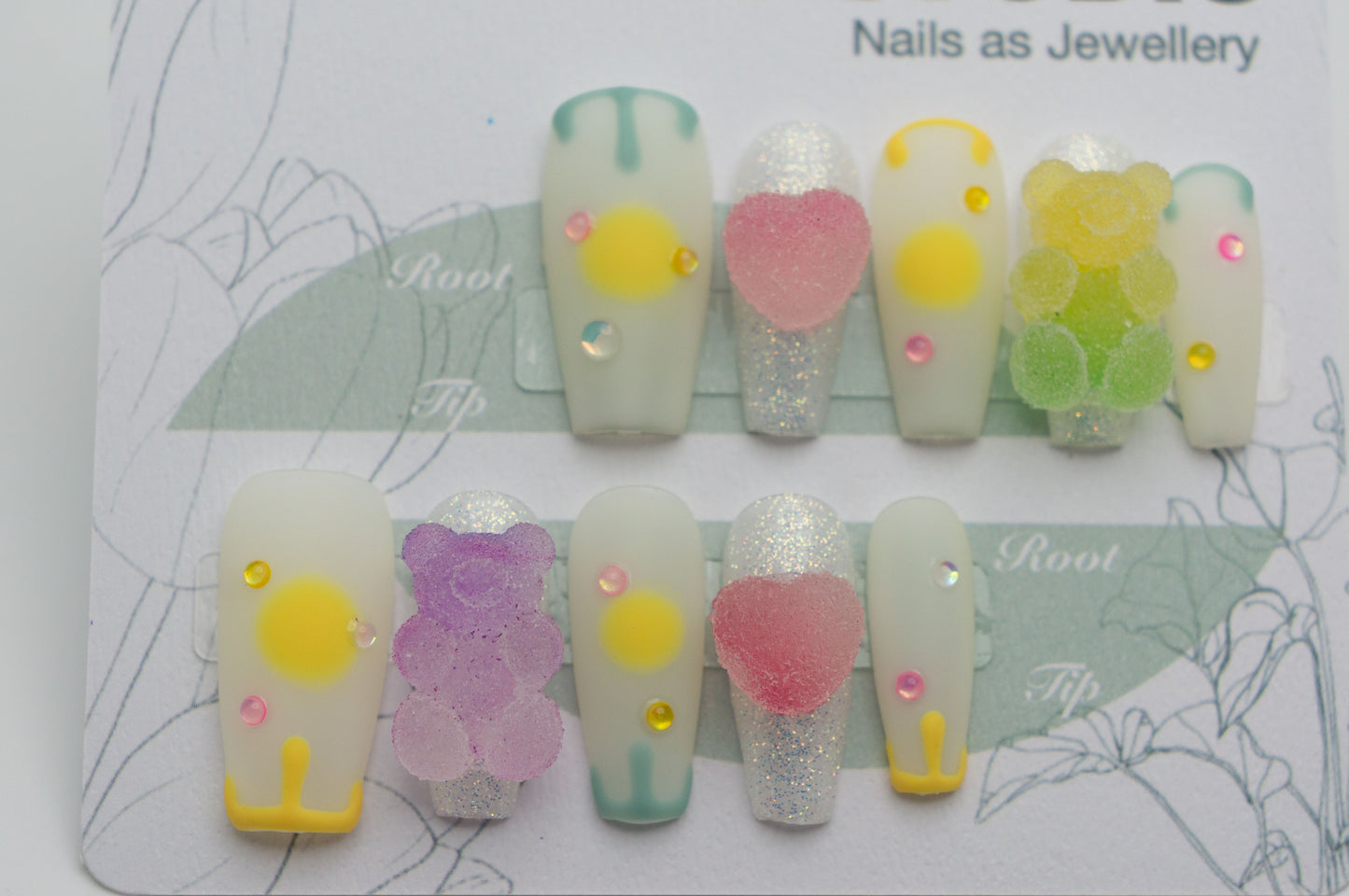 Medium Coffin Press On Nails Matte White and Glitter Gummy Bear and Heart