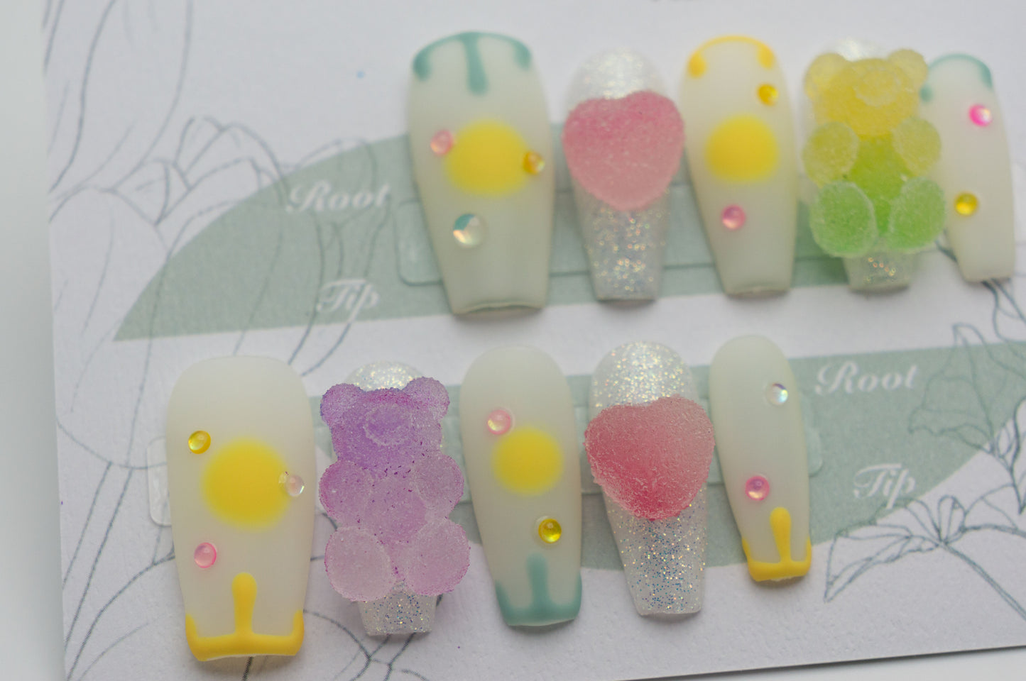 Medium Coffin Press On Nails Matte White and Glitter Gummy Bear and Heart